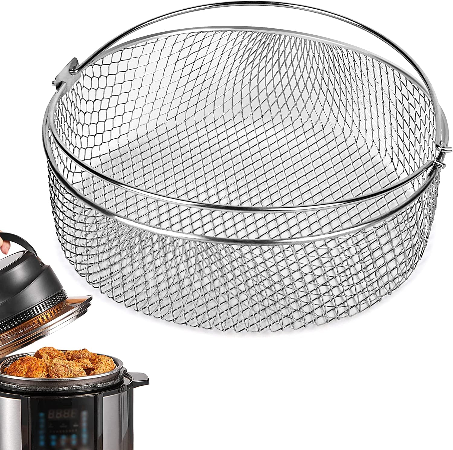 ABCISI 8 Inch Air Fryer Basket, Air Fryer Replacement Accessory for Instant Pot 6-8 QT, 304 Stainless Steel Mesh Basket with Handle for Air Fryer Oven Steamer (Round, 1 PACK)