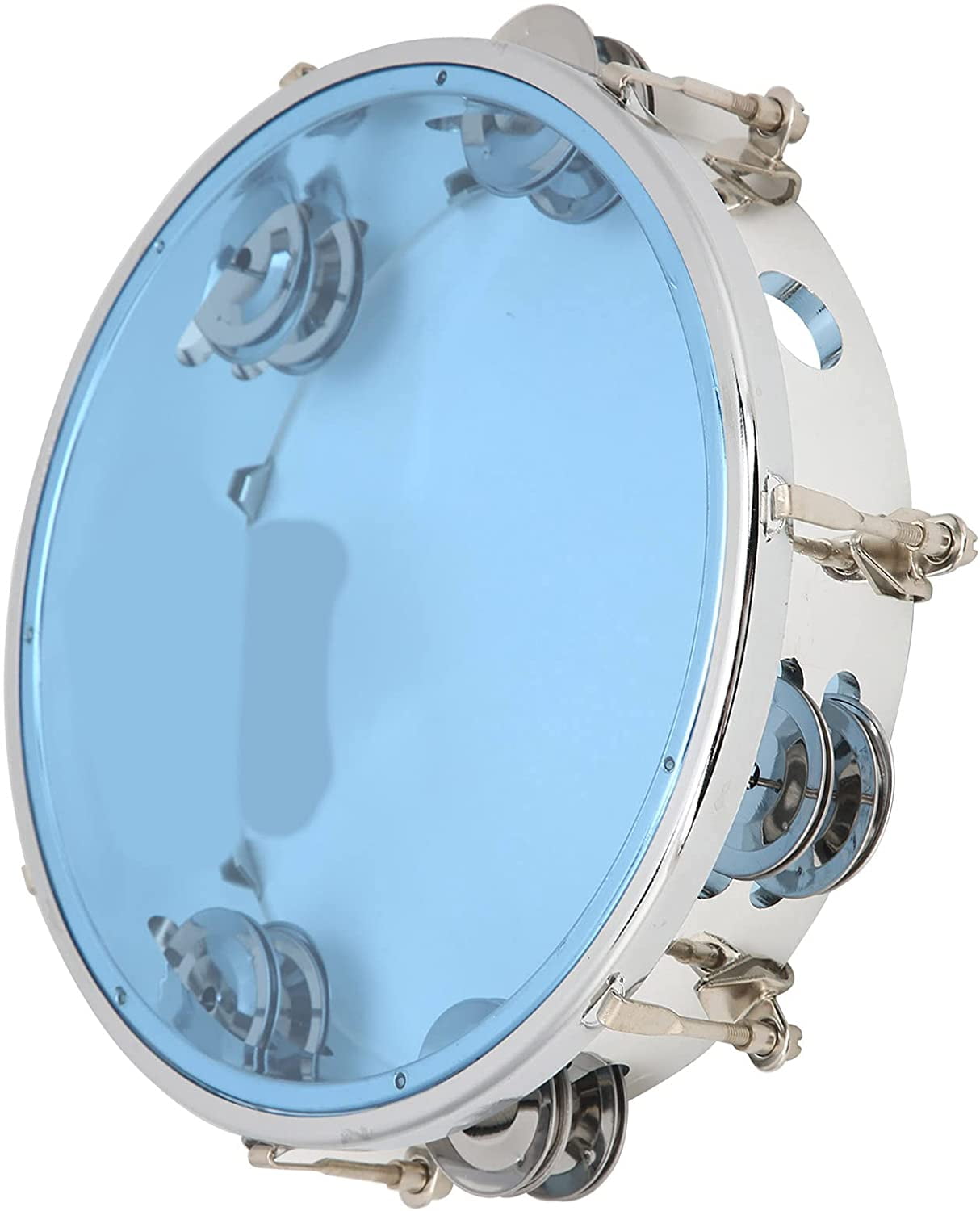 ABCISI 8 Inch Tambourine, Double Row Metal Jingles Hand Held Percussion Instrument with Drum Key for Church Worship Band Adults Beginners (Blue)