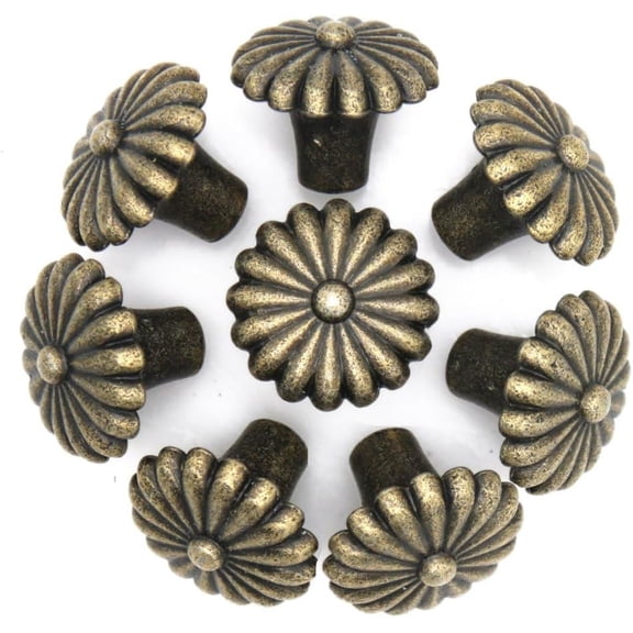 ABCISI 8 PCs Vintage Antique Brass Knobs Handles Distressed Antique Brass Knob Pulls with Embossed Flower Pattern, Diameter 1.1-in (27 mm) Height 0.9-in (22 mm)