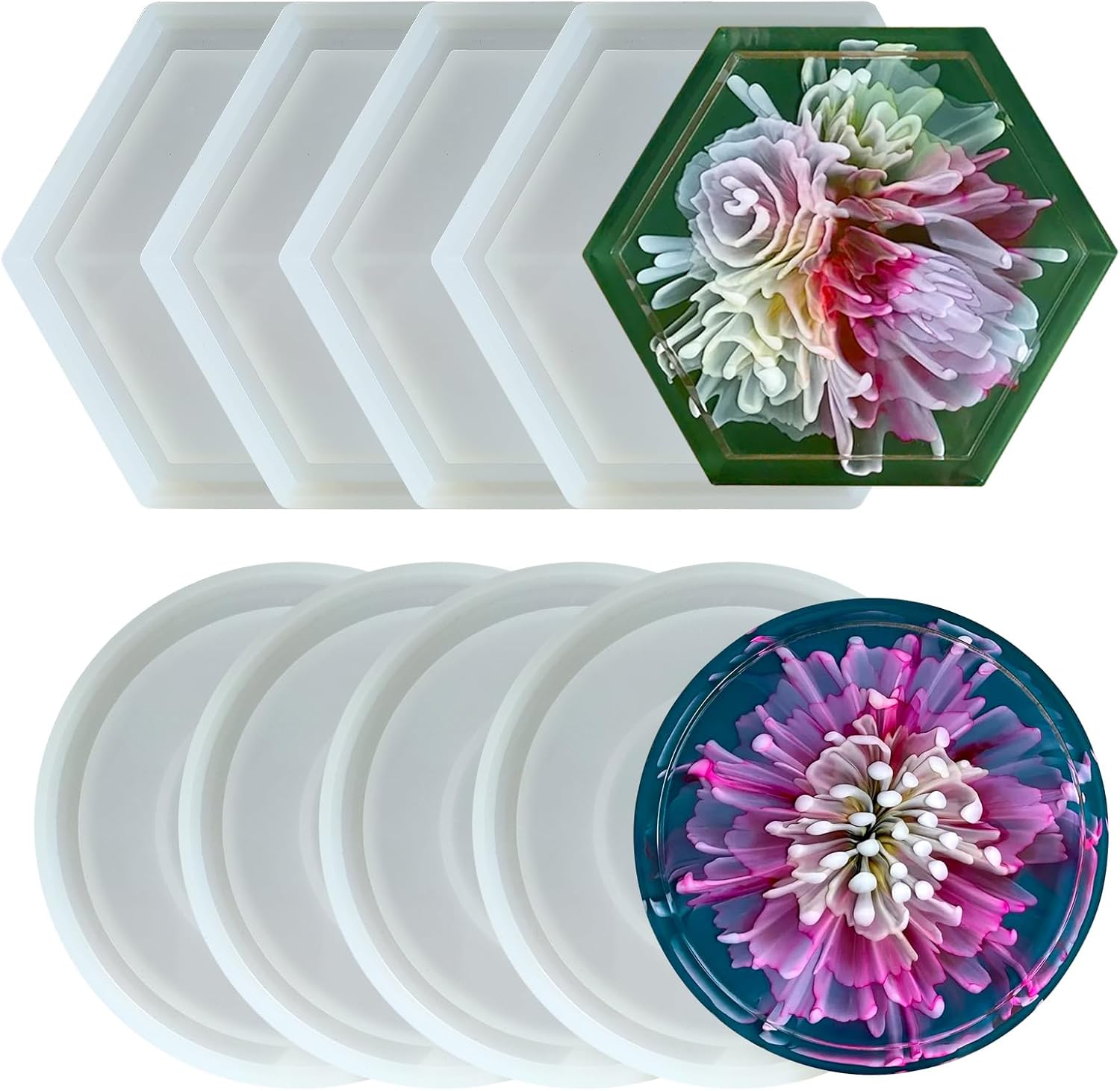 ABCISI 8 Pcs Coaster Resin Molds - Durable Silicone Coaster Molds for Epoxy Resin, Round & Hexagon Resin Tray Mold for DIY Trinket Tray, Casting Crafts, Home Decoration, Ornaments, Gifts