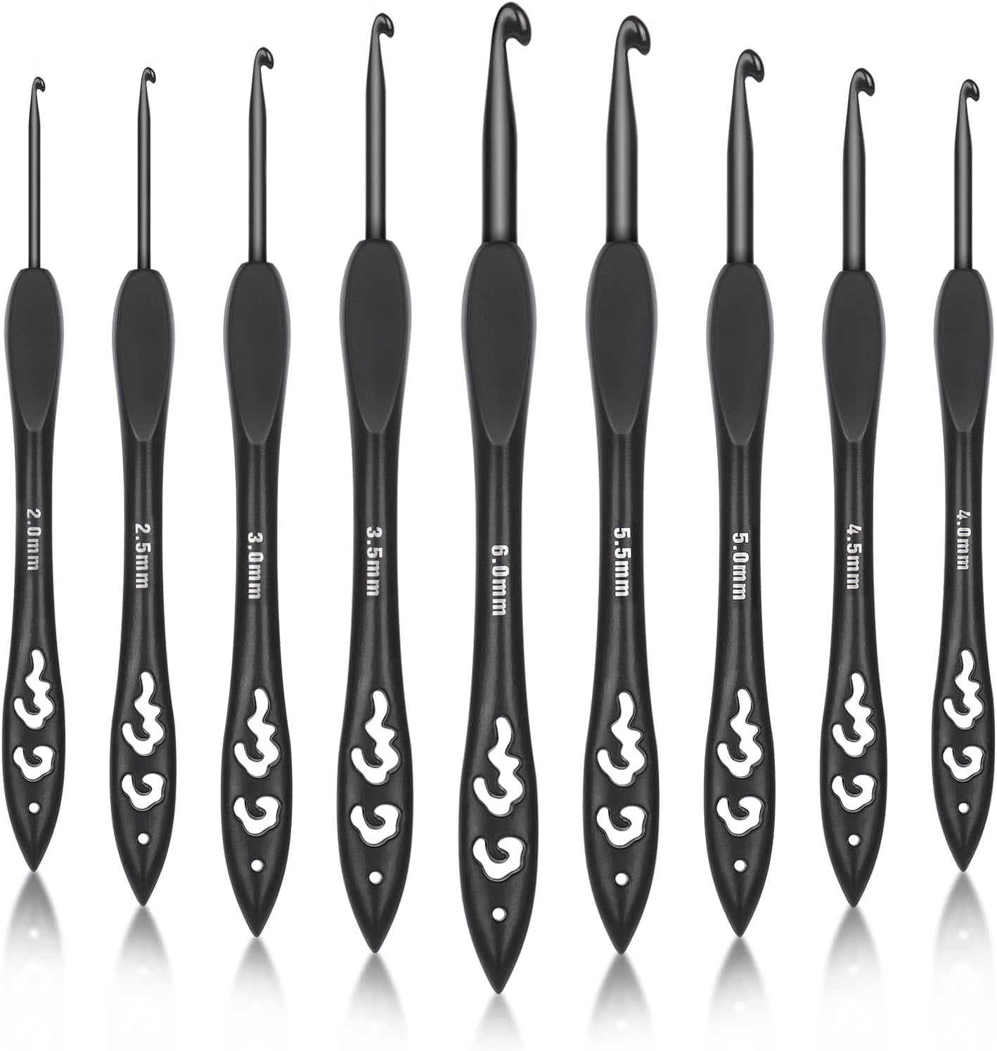 ABCISI 9 Sizes Crochet Hooks, Ergonomic Soft Grip Aluminum Crochet Hook Set, Black Plastic Crochet Needles for Arthritic Hands Beginners Kids Adults Ideal Crochet Lovers Gift 2.0mm(B)-6.0mm(J)