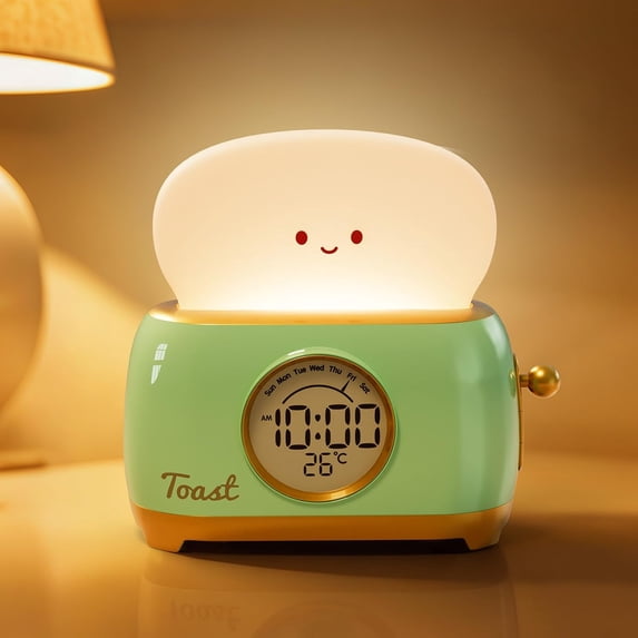 ABCISI Alarm Clock for Kids, Cute Toast Night Light Alarm Clocks for Bedrooms, Dimming Rechargeable Small Led Desk Clock with Snooze & Countdown for Room Decor, Bedside Clock for Girls Boys(Green)