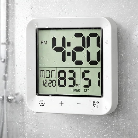 ABCISI Bathroom Clock Waterproof, Digital Wall Clock with LCD Display for Time Temperature Seconds, Shower Clock with Touch Screen, Suction Cup, Hanging, Hole Stand, Not Included Battery (White)
