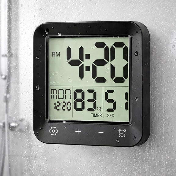 ABCISI Bathroom Clock Waterproof, Digital Wall Clock with LCD Display for Time Temperature Seconds, Shower Clock with Touch Screen, Suction Cup, Hanging, Hole Stand, Not Included Battery (Black)
