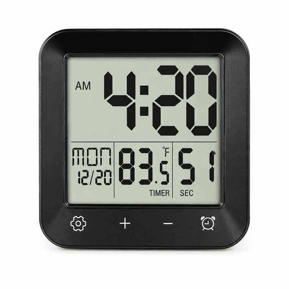 ABCISI Waterproof Bathroom Clock, Digital Shower Clock with LCD Time Temperature Seconds Display, 1-99 Min Countdown Timer, Touch Controls, Suction Cup, Hook and Stand, Black