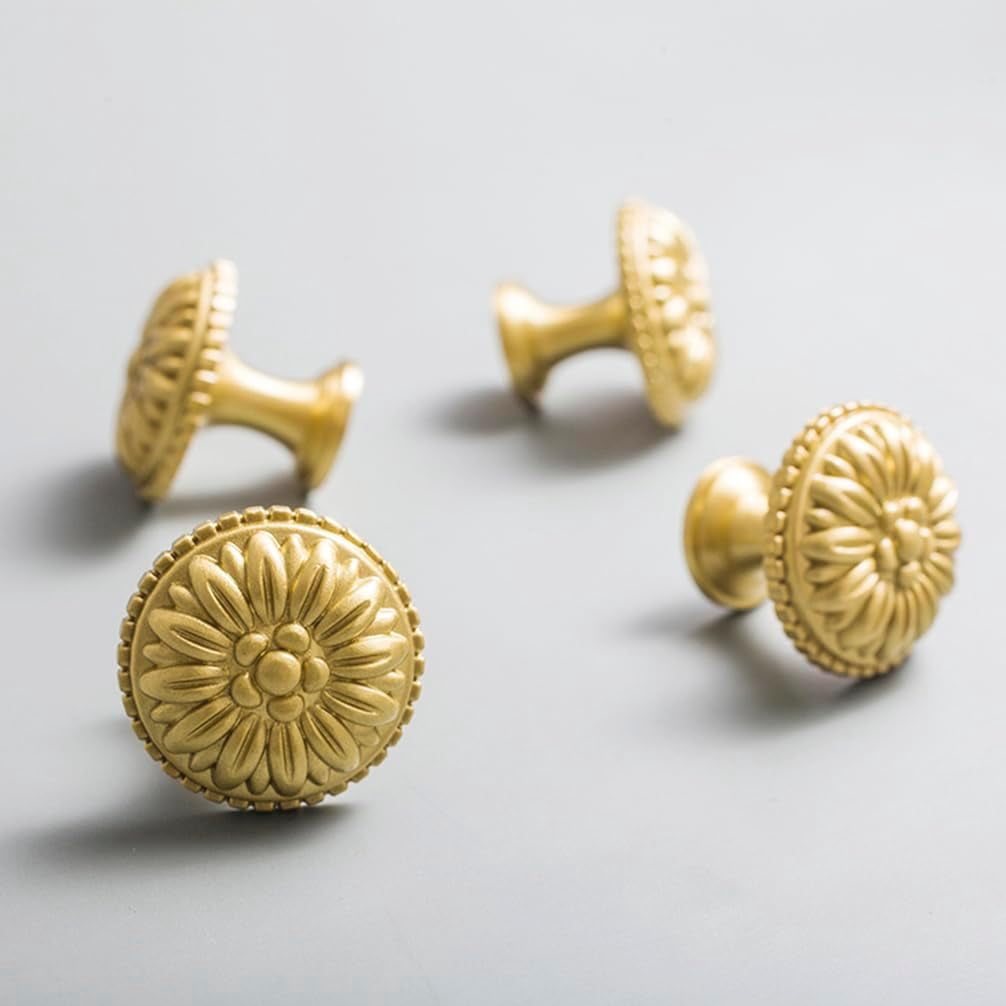 ABCISI Brass Cabinet Round Flower Knobs, 4 Pack Gold Euro Style Cabinet Knob Dresser Drawer Modern Dresser Drawer Knobs, Vintage Decorative Brass Cabinet Knobs