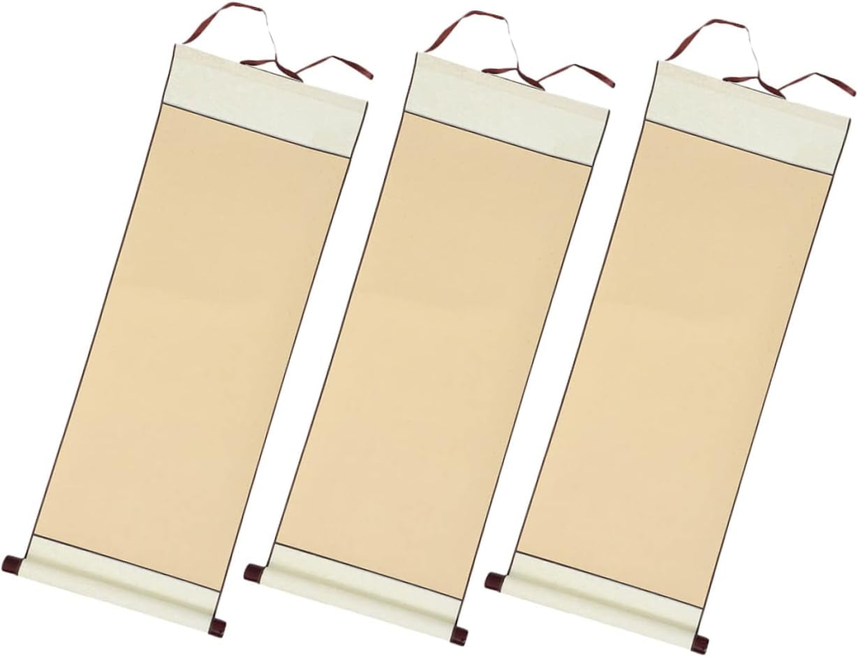 ABCISI Calligraphy Scroll Paper with Wooden Rods, 3Pcs Blank Calligraphy Scroll Paper, Chinese Water Writing Thick Blank Painting Hanging Rolls, Light Yellow