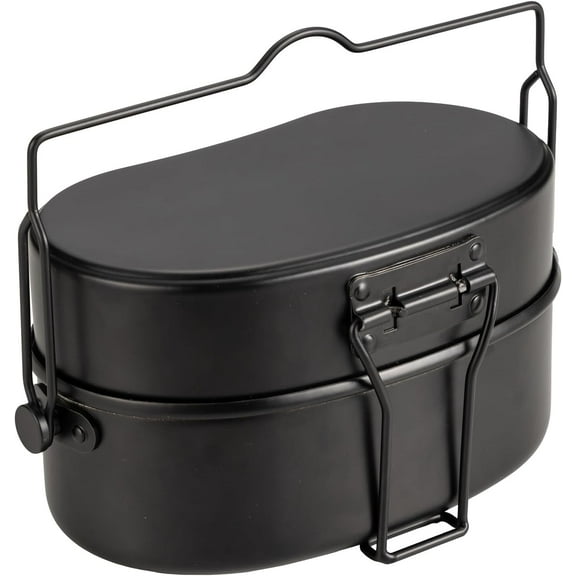 ABCISI Camping Cookware Mess Kit, Multifunctional Aluminum Mess Tin with Handle, 1.1L Metal Stackable Lunch Box Cooking Cookware for Hiking, Camping, Outdoor Activities, Black