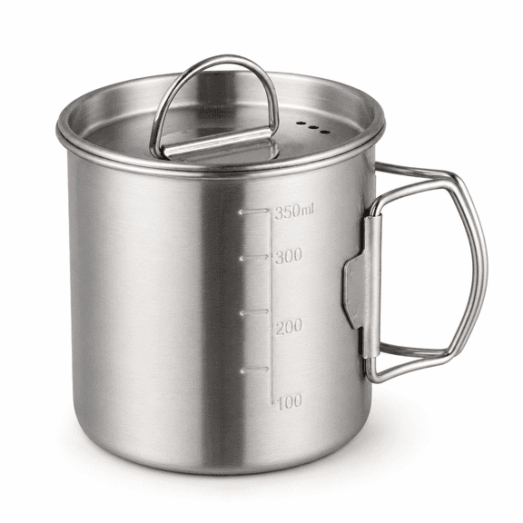 ABCISI Stainless Steel Camping Cup with Lid, 12 oz Portable Backpacking Mug with Foldable Handle and Measuring Scale for Camping, Hiking, Travel and Outdoor Adventure, 350 ml