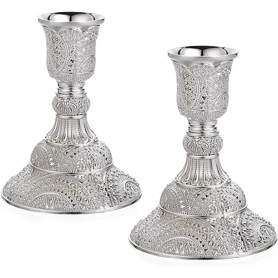 ABCISI Candle Stick Holders Set, 2PCS Brass Taper Candle Holders, Vintage Metal Pillar Candlestick Holders,Elegant Candle Stand Candelabra for Dining Table Centerpieces Wedding Home Decoration Silver