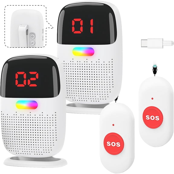 ABCISI Caregiver Pager System with Digital Display for Elderly Assistance, Fall Prevention, and Nurse Calling, Wearable Wireless Pager for Patient Help at Home (2 Call Buttons + 2 Receivers)
