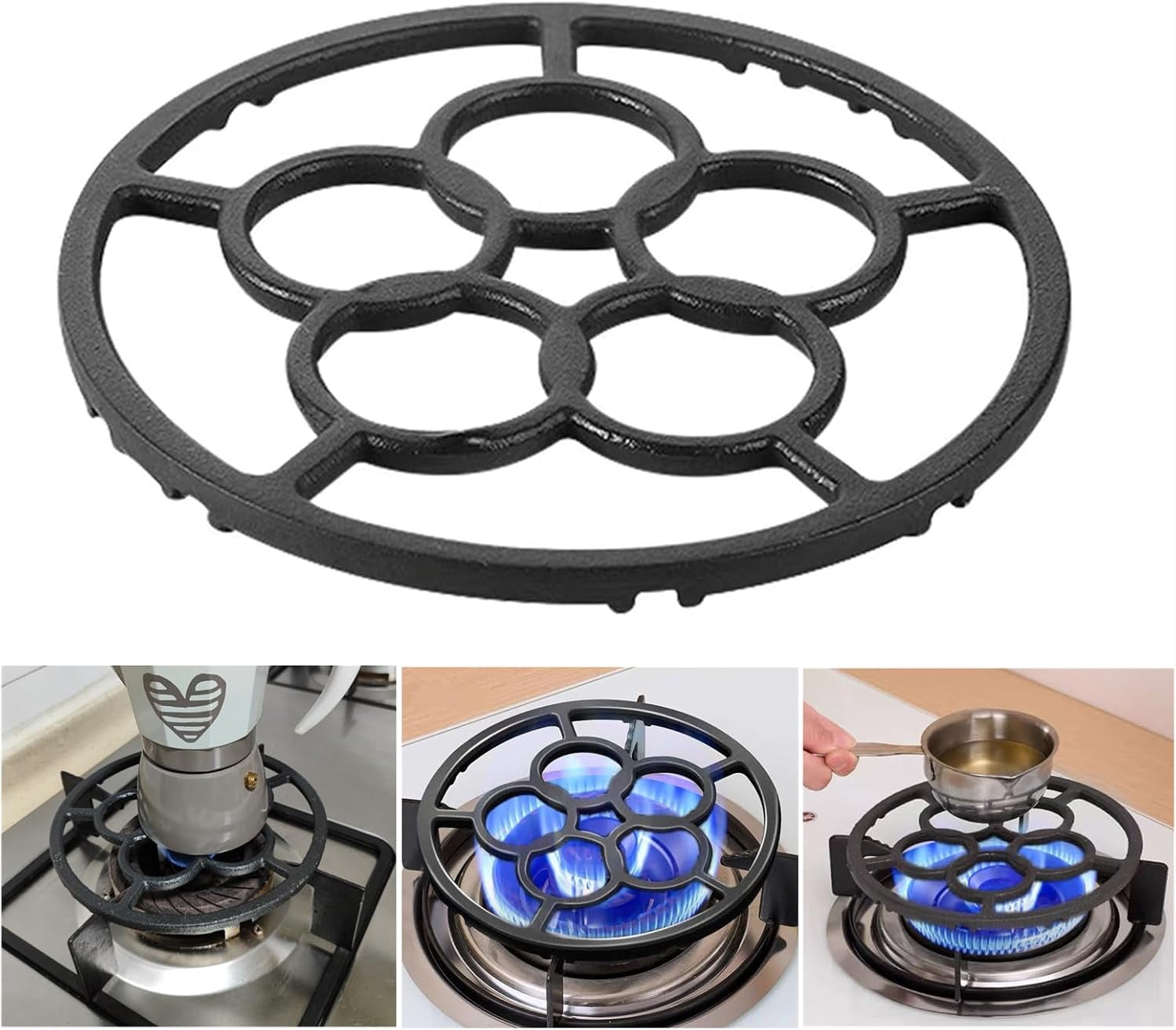 ABCISI Cast Iron Wok Support Ring Stovetop Stand, Non Slip Gas Ring Reducer for Moka Pot Coffee Pot Small Saucepan, Reducer Ring Holder Trivets for Gas Stove Camping Stove