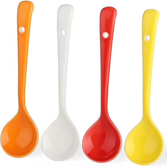 ABCISI Ceramic Dessert Spoon with Hole, Long Handle Dinner Spoons Set of 4 with Widely Use, Korean Porcelain Spoons for Eating Dessert Appetizers Cereal (Multi-color)