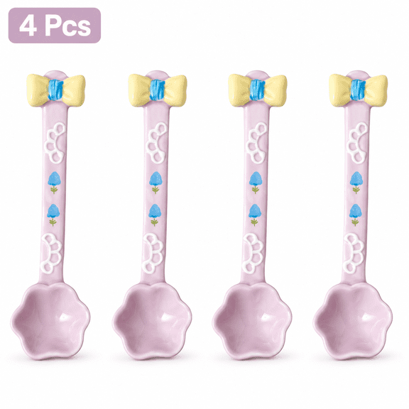 ABCISI Ceramic Dessert Spoons, 5.91 In Flower-Shaped Ice Cream Coffee Spoons with Bow Handles, Pastel Tableware for Yogurt, Pudding, Tea, Desserts and Parties, Purple, 4 Pcs