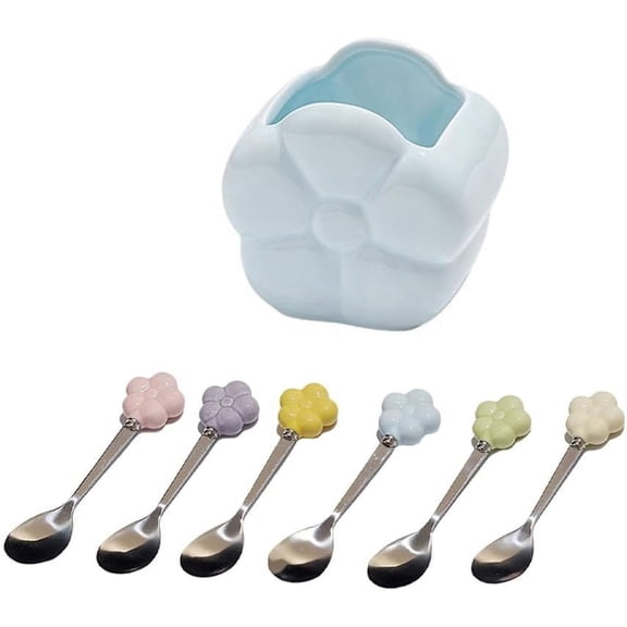 ABCISI Ceramic Storage Jar, Creative Sunflower Stainless Steel Fruit Spoon, Desktop Decoration Dessert Afternoon Tea Spoon Set, Blue, 6 Pieces Spoon