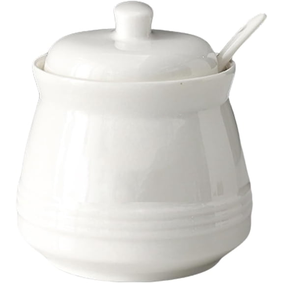 ABCISI Ceramic Sugar Bowl with Lid and Spoon, 12oz Farmhouse Simple Porcelain Pot for Coffee Pepper Salt Sugar, Nordic Style Container for Table Restaurant Kitchen Decor (White)