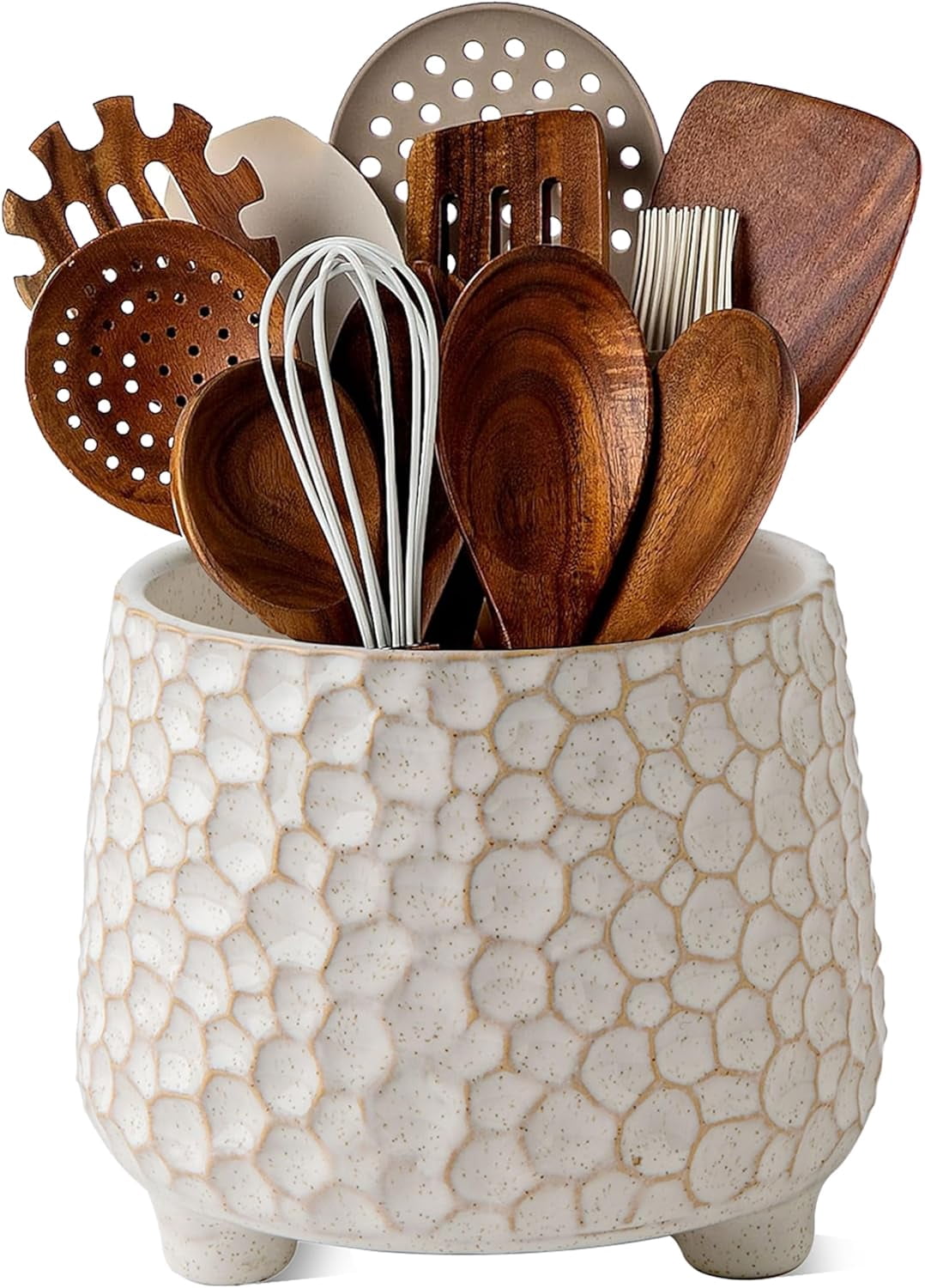 ABCISI Ceramic Utensil Holder for Countertop, 4.5-Inch Embossed Farmhouse Crock with Stable Triangular Base, Cream White Textured Kitchen Counter Organizer