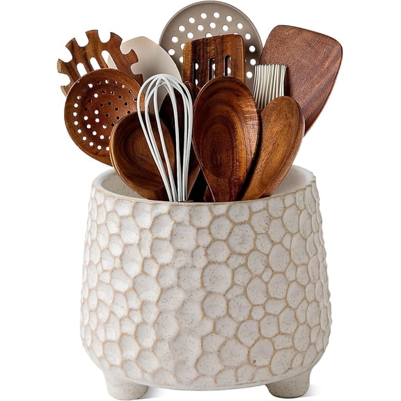 ABCISI Ceramic Utensil Holder for Countertop, 4.5-Inch Embossed Farmhouse Crock with Stable Triangular Base, Cream White Textured Kitchen Counter Organizer
