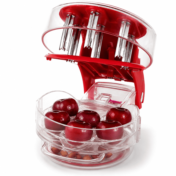 ABCISI Cherry Pitter Tool, 6-Cherry Pit Remover with Stainless Steel Push Rods and Clear Catch Bowl, One-Press Cherry Corer for Cherries, Olives, Dates and Jujubes