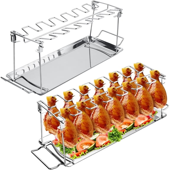 ABCISI Chicken Leg Rack for Grill with Drip Tray, 14 Slots Chicken Lollipop Rack Set, Stainless Steel Chicken Wing Leg Rack for Smoker Grill Oven, Picnic, BBQ Accessories