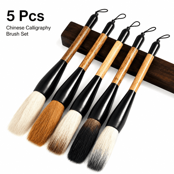 ABCISI Chinese Calligraphy Brush Set, Traditional Large Writing and Watercolor Brushes with Mixed Natural Hair, Long Handles for Ink Painting, Sumi Art and Chinese Writing, 9.83 in, 5 Pcs