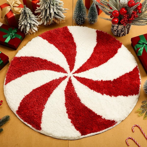 ABCISI Christmas Candy Swirl Bathroom Rugs, 25 Inch Washable Round Bath Mats,Cute Christmas Rug Non-Slip for Winter Holiday Decorations, Funny Circle Christmas Mat for Bedroom Kitchen Living Dining
