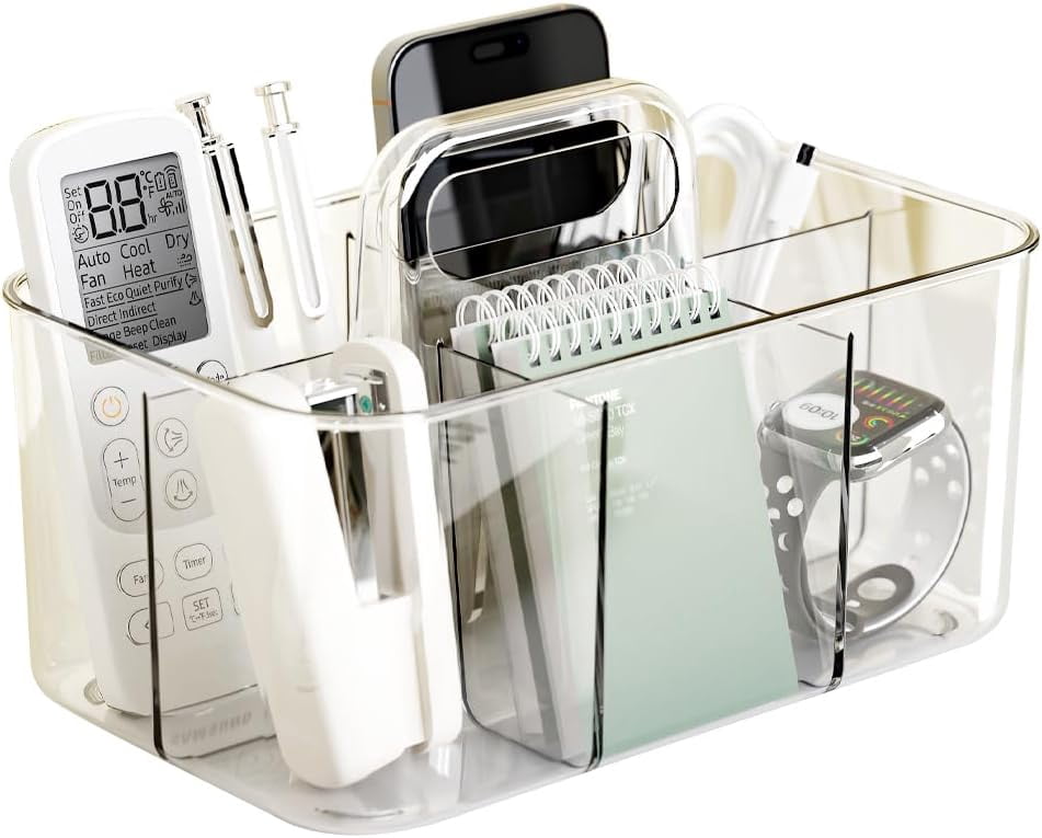 ABCISI Clear Thickened Portable Caddy Tote Box, Shower Caddy with Handle for Art Supplies, Makeup, Crafts, Pencils, Sewing, Office Supplies, 5 Compartments for Dorm, Shelf, Cabinet, Bathroom Storage