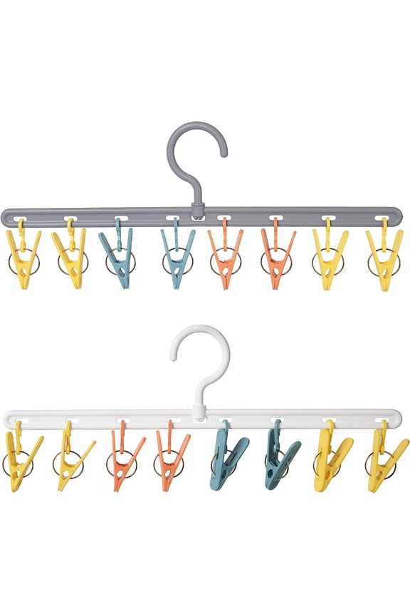 Clothes Drying Hanger, 2 Pack Clothes Drying Racks with 8 Color Clips, Windproof for Drying Socks Bras Underwears Baby Clothes, Hats Scarfs Towels Pants and Gloves Diaper (White & Gray)
