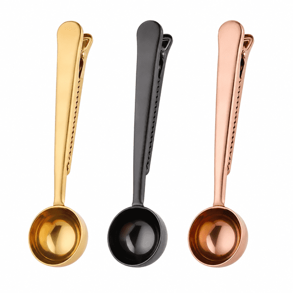 ABCISI Coffee Scoop with Clip, 3 Pcs Stainless Steel 1 Tbsp Measuring Spoon Set, 15 mL Coffee Scoops with Bag Clips for Coffee, Tea, Sugar, Flour and Protein Powder ,Black+Gold+Rose Gold