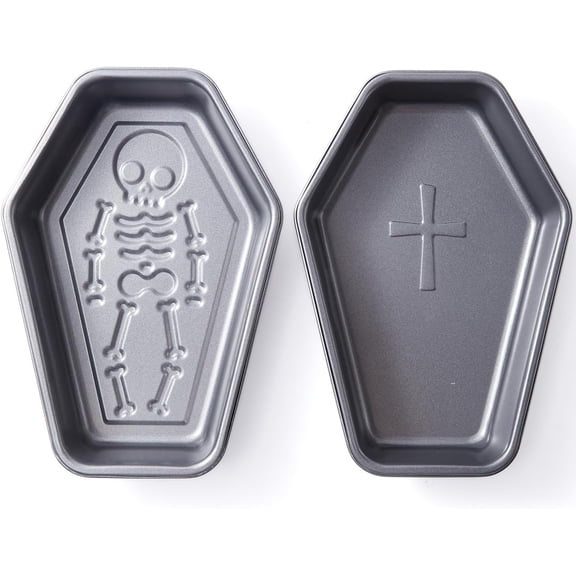 ABCISI Coffin Cake Pan Set of 2 - Skeleton & Cross Nonstick Carbon Steel Baking Pans, 10 x 6.9 in, Gothic Halloween Coffin-Shaped Cake Pans for Brownies, Loaf Cakes and Party Desserts