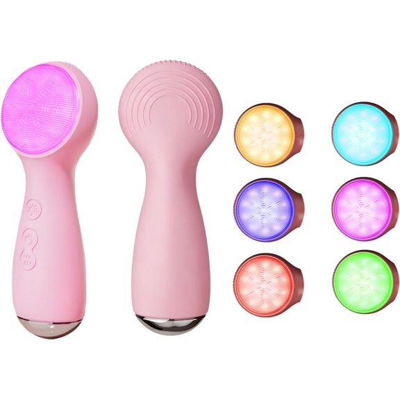 ABCISI Colorful LED Silicone Face Wash Brush - Sonic Vibration Face Cleaner with Heat Sensation, 3 Modes & Ergonomic Handle, Waterproof Electric Face Brush for at-Home Spa & Travel Skincare (Pink)