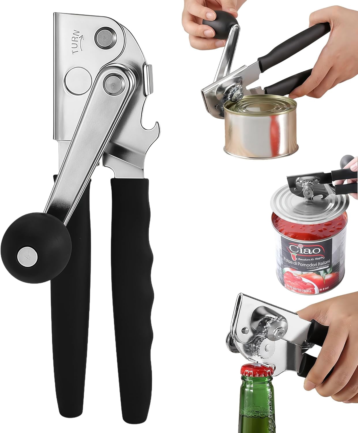 ABCISI Commercial Can Opener, Hand Crank Can Opener Manual Heavy Duty, Ergonomic Design, with Comfortable Long Handles, Oversized Knob, Large Handheld Can Open Easy for Big Cans, for Seniors, Black