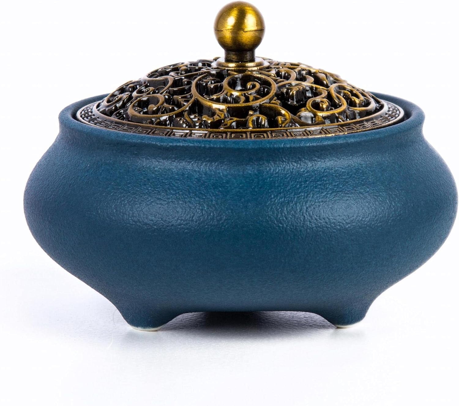 ABCISI Cone Incense Burner Gift Set – Ceramic Burner with Carved Metal Lid, Incense Holder & Fireproof Cotton – for Stick, Cone & Coil Sage & Frankincense, Elegant Home & Meditation Decor (Blue)