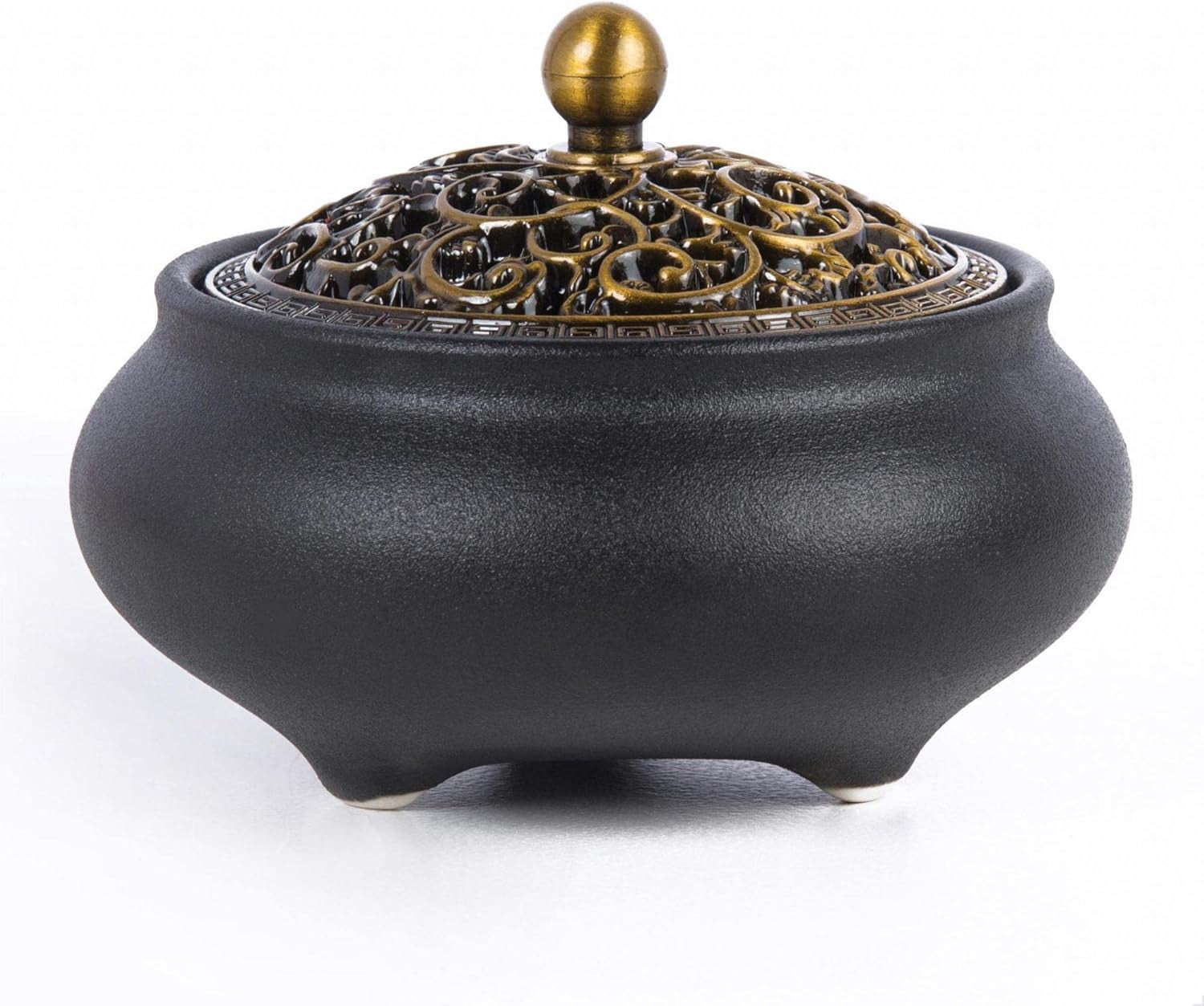 ABCISI Cone Incense Burner Gift Set – Ceramic Burner with Carved Metal Lid, Incense Holder & Fireproof Cotton – for Stick, Cone & Coil Sage & Frankincense, Elegant Home & Meditation Decor (Black)