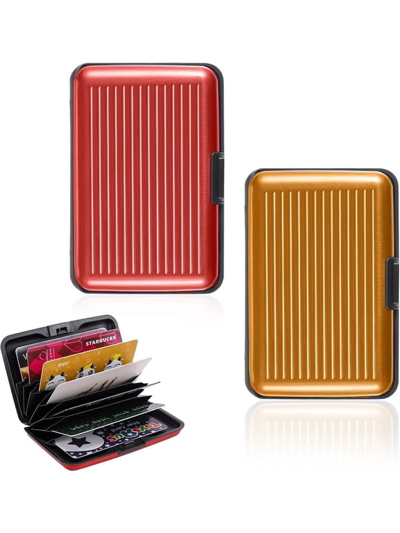 Credit Card Holder, RFID Anti-Fraud Anti-Cloning Block for Men and Women, Elegant Business Box Metal ID Card Protector, Aluminum 6 Compartments Storage Box 12 Cards Holder (Red and Gold)