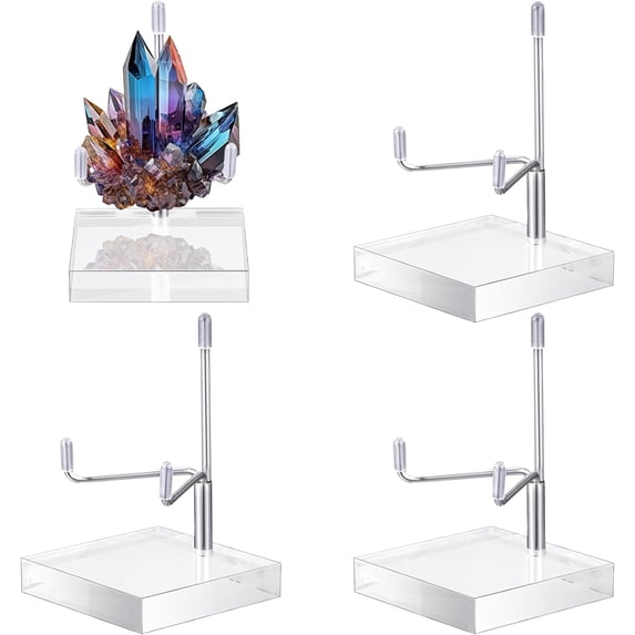 ABCISI Crystal Display, 4 Pcs Adjustable Metal Arm Display Stand Easel with Acrylic Square Base, Acrylic Crystal Clear Plate Stand for Mineral Agate (Silver, 2.4 x 2.4 x 3.5 Inch)
