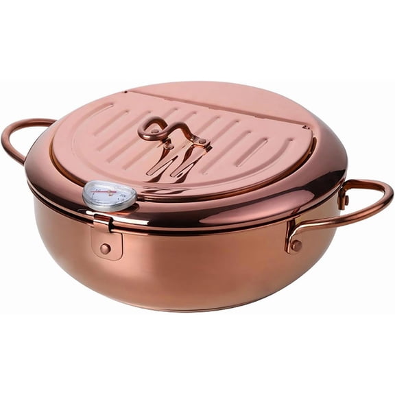 ABCISI Deep Fryer Pot with Thermometer and Lid, Stainless Steel Deeper Fryer Pot with Oil Filtration Rack for Tempura Chips, Fish, Chicken, Combines Oil-saving and Splash-proof, 9.8in, Rose gold