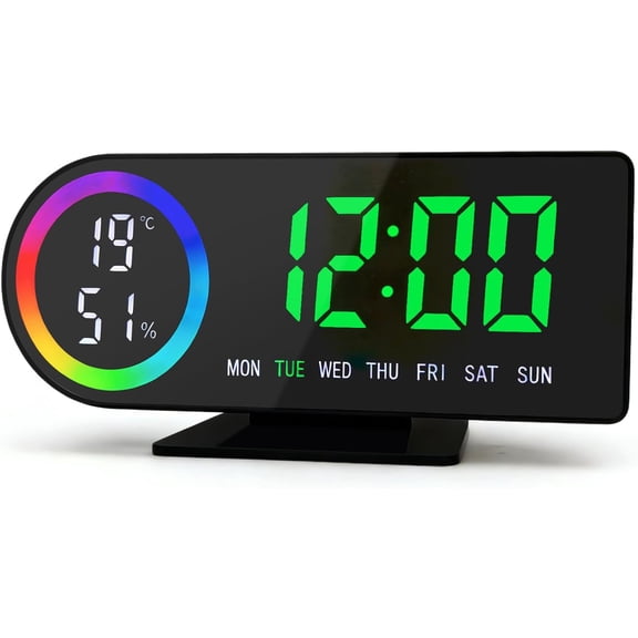 ABCISI Digital Alarm Clock with Mirror LED Display, Temperature and Humidity Monitor, Colorful Ring Indicator, Day of Week, Rectangular Desktop Clock, Black