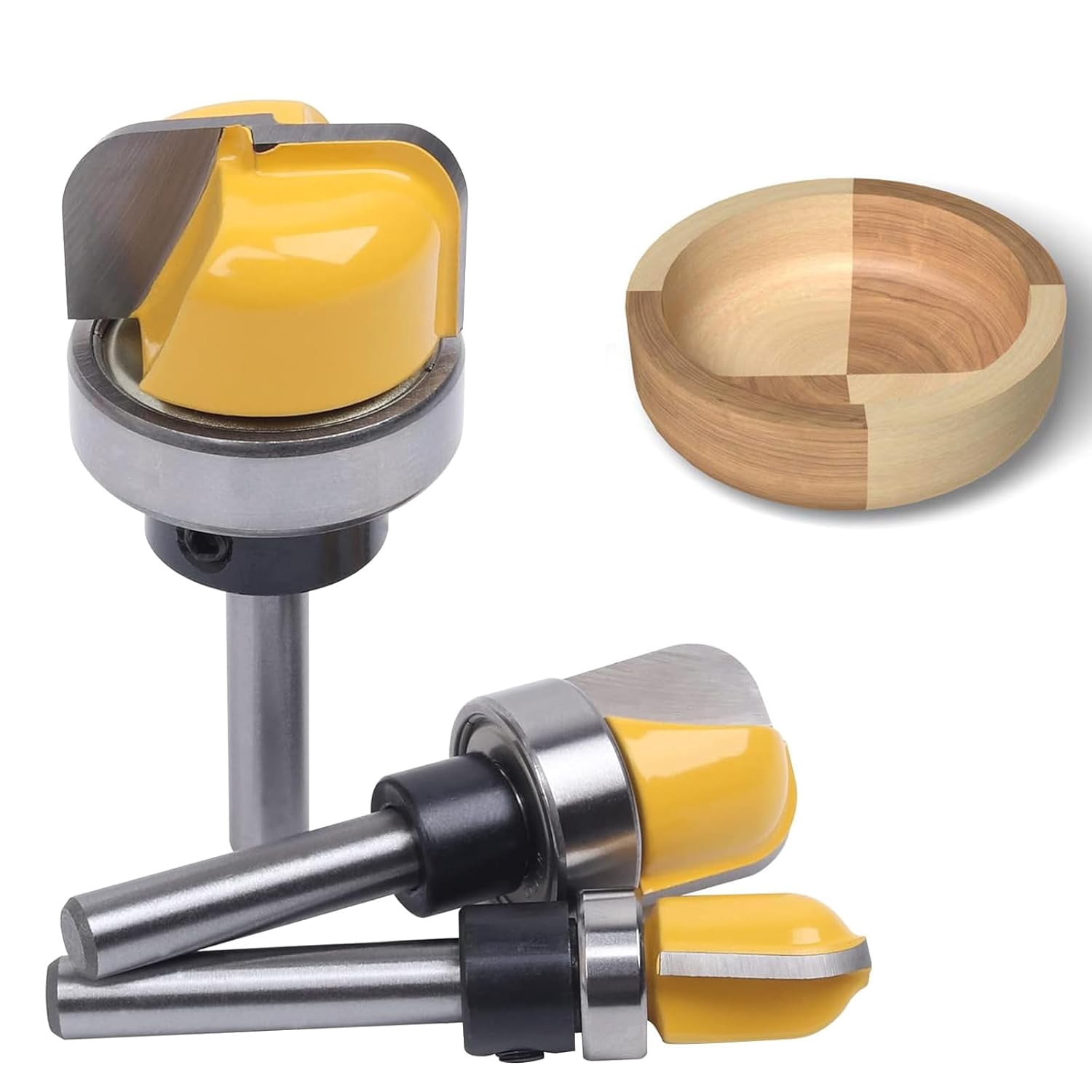 ABCISI Dish Carving Router Bits, 3Pcs 1/4 Inch Shank Bowl and Tray Template Router Bit Set with Ball Bearing, Wood Cutter Designed for Woodworkers (D: 1/2'', 3/4'', 1-1/8'')