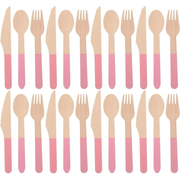 ABCISI Disposable Wood Cutlery Set, 24pcs Pink Flatware Including Spoons, Forks, Knives, Pink Utensils Set for 8, for Girls Birthday, Baby Shower, Tea Party, Outdoor Picnic