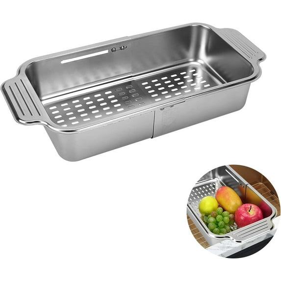 ABCISI Expandable Dish Drying Rack Over The Sink, Stainless Steel Drainer Basket with Adjustable Arms and Hollow Out Design for Vegetable and Fruit (Silver)