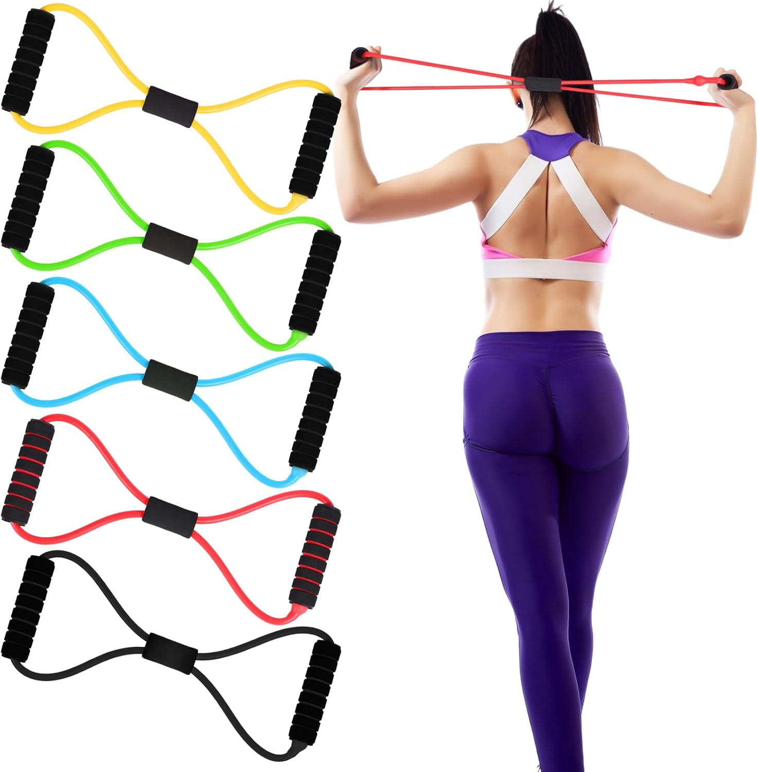 ABCISI Figure 8 Fitness Resistance Bands with Handles, Set of 5 Exercise Bands for Women Men, Rope 8 Word Elastic for Arm and Shoulder Stretch, Yoga Gym Fitness Muscle Training Chest Expander