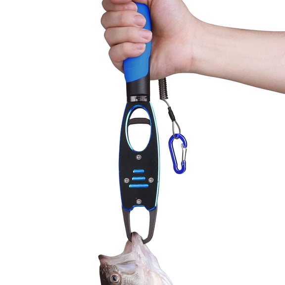ABCISI Fish Lip Gripper With Scale, 2 in 1 Aluminum Alloy Grabber with High Elastic Hand Rope, Ergonomically Design Professional Fishing Tool Kit for Men, Blue