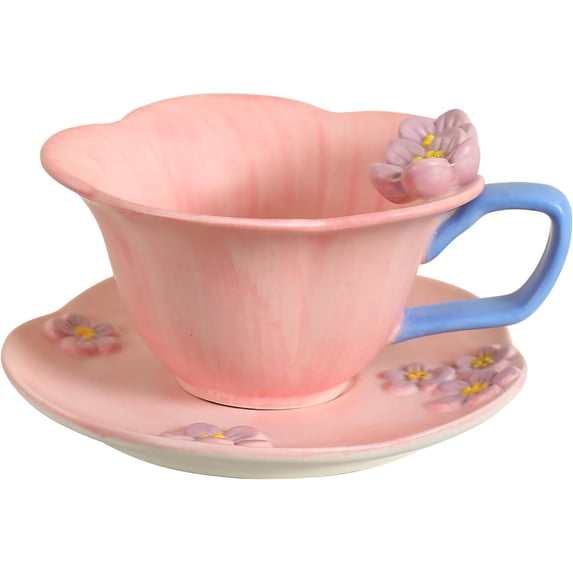 ABCISI Floral Tea Cups and Saucers, Ceramic Cute Coffee Mug with 3D Floral Artistry for Women Tea Party, Cappuccino Latte Milk (Pink)