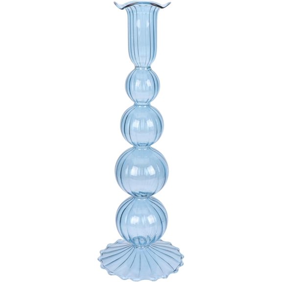ABCISI French Style Glass Candlestick Holder - 10.8" Artisanal Taper Candle Stand for Wedding Centerpiece/Dining Decor, Heavy-Duty European Vintage Table Display (Blue)