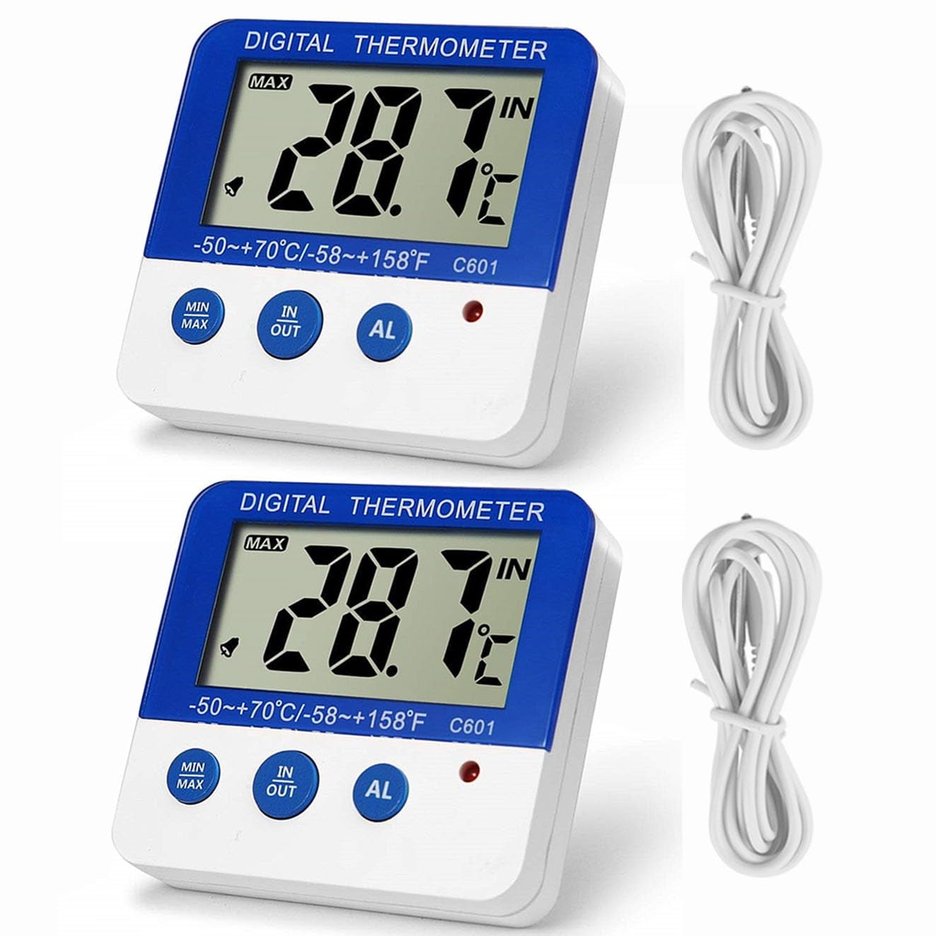 ABCISI Fridge Freezer Thermometer, Max/Min Memory High & Low Temperature Alarms Settings with LED Indicator Digital Refrigeration Thermometer with Magnetic, Stander 2 Pack
