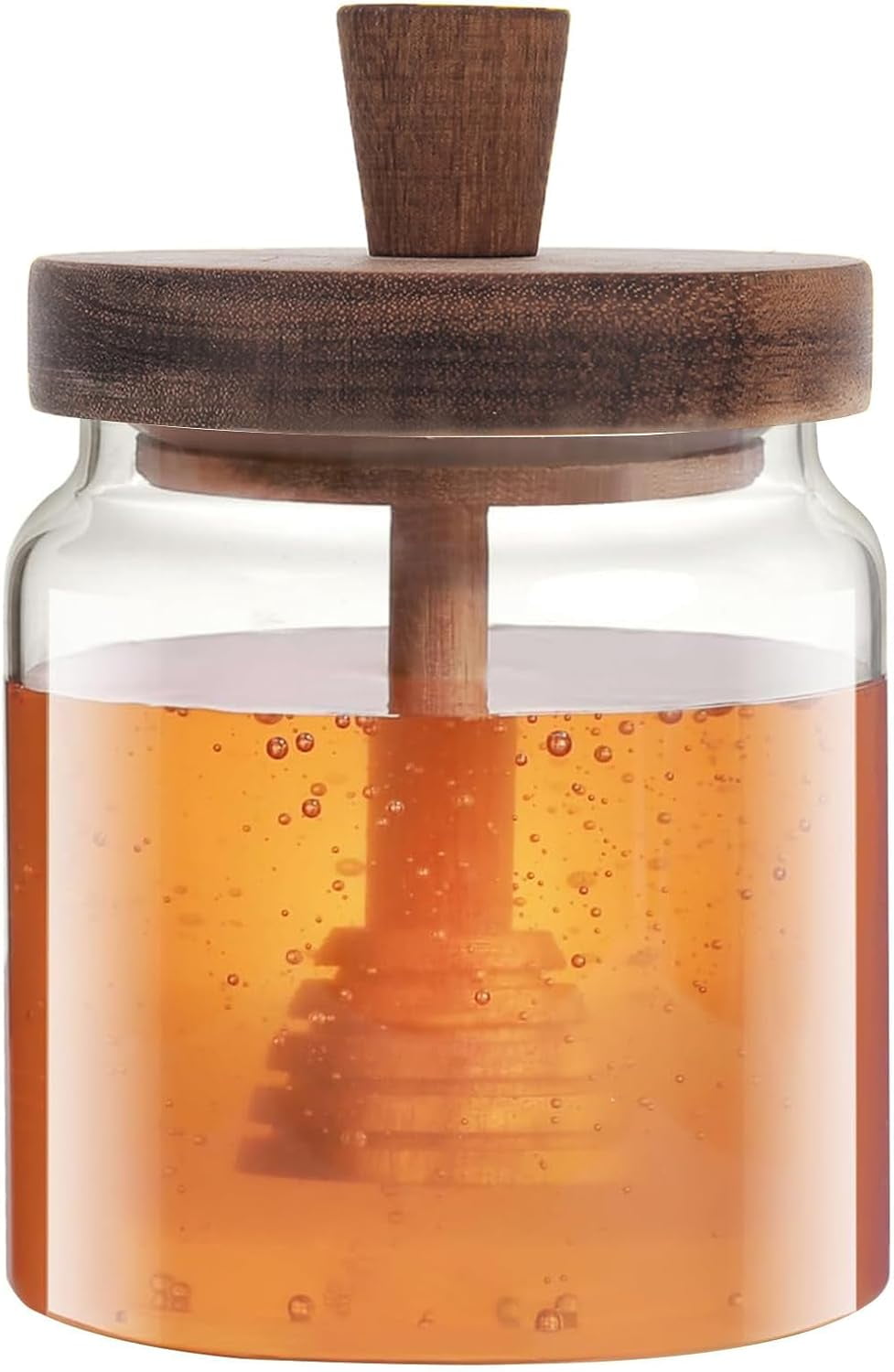 ABCISI Glass Honey Pot, Clear Honey Jar with Wooden Dipper and Lid Honey Holder Syrup Container with Drizzler for Storing Bee Honey Home Kitchen 16oz