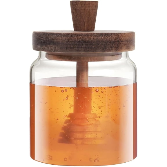 ABCISI Glass Honey Pot, Clear Honey Jar with Wooden Dipper and Lid Honey Holder Syrup Container with Drizzler for Storing Bee Honey Home Kitchen 16oz