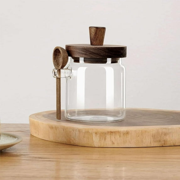 ABCISI Glass Jar with Acacia Wooden Lid and Spoon, Clear Airtight Container for Cereals, Tea, Sugar, Cookies, Snacks, Kitchen Food Storage Jar Set (1 Pcs, Small/13.5oz)