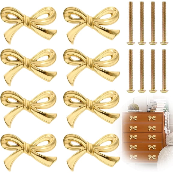ABCISI Gold Bow Cabinet Knobs, Vintage Shaped Dresser Decorative Handle with Screws for Drawers Handles for Desk Suitable for Wardrobe Drawers TV Cabinets Bookcases (8 Pack)